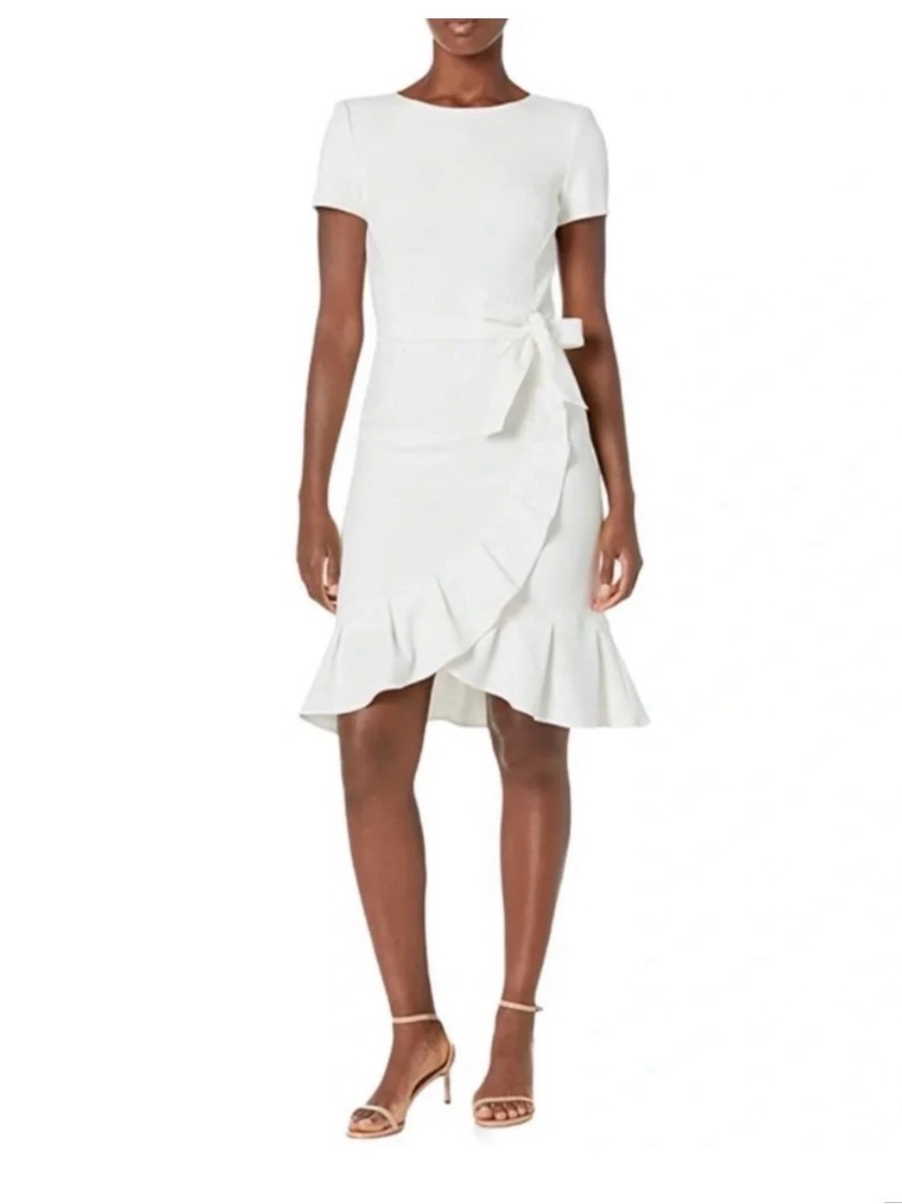 Calvin Klein White Ruffle Tie-Waist Short Sleeve Dress